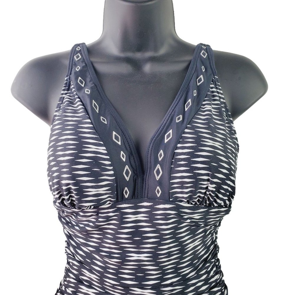Maidenform Beach Deep V Neck Slimming Side Rouching w/ Geometric Print, Sz 10 - Picture 3 of 9